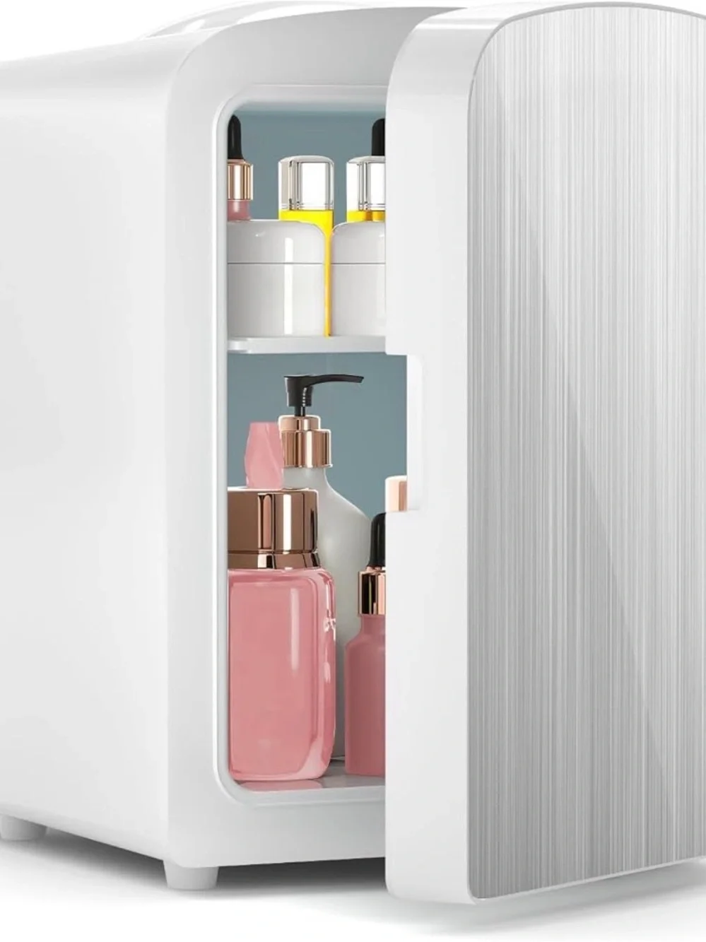 White Mini Skincare Fridge with Brushed Silver Door